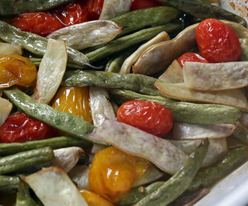 photo of roasted dragon tongue beans and tomatoes